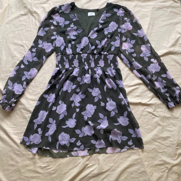 Wilfred | Black & Lavender Floral Long Sleeve Mini Dress | Size M - Picture 1 of 3